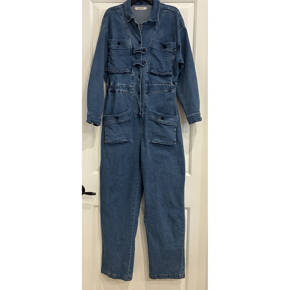 Vintage Mebon by Machine Denim Jumpsuit Womens L Blue Utility Boiler Suit Moto